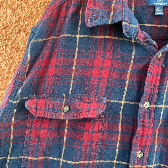 George Button Up Shirt Men's Size XXL Long Sleeve Burgundy Blue Plaid Cotton - Picture 2 of 5